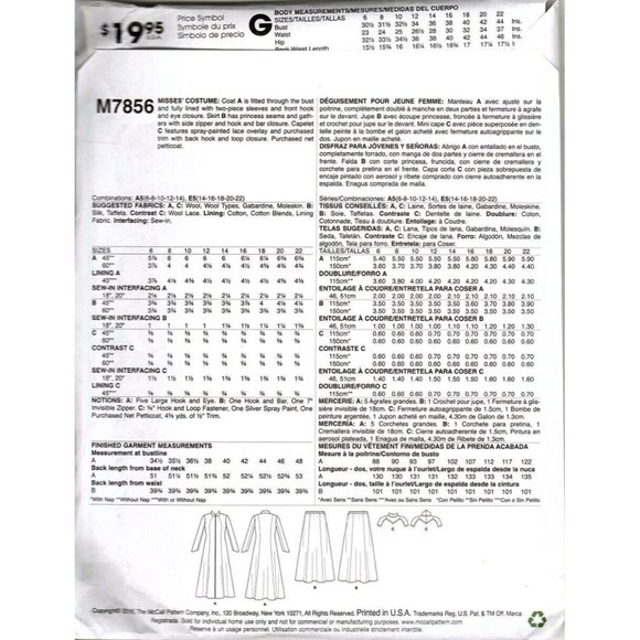 McCalls M7856 Misses Costume 14 to 22 Medieval Jacket, Skirt Sewing Pattern - Picture 2 of 2